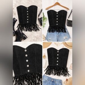 Vintage leather Black Fringe Strapless Corset Top